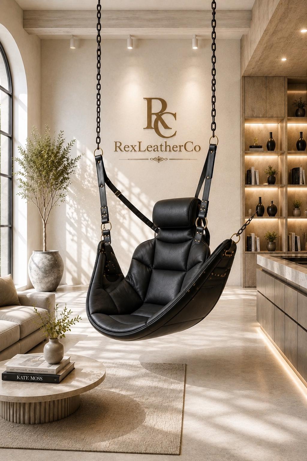 Black Genuine Leather Padded Hanging Chair, Handmade Indoor Swing Seat