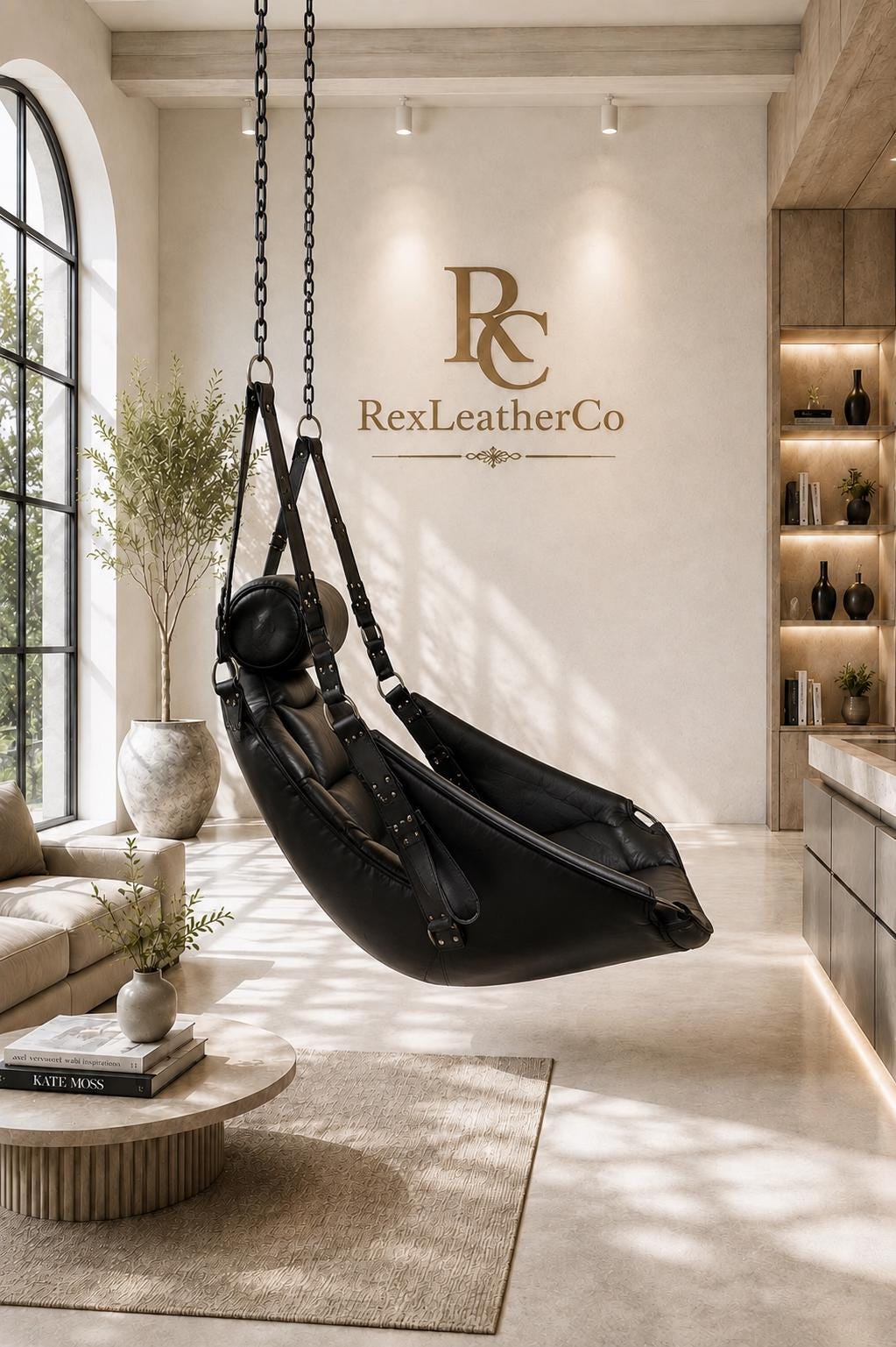 Black Genuine Leather Padded Hanging Chair, Handmade Indoor Swing Seat