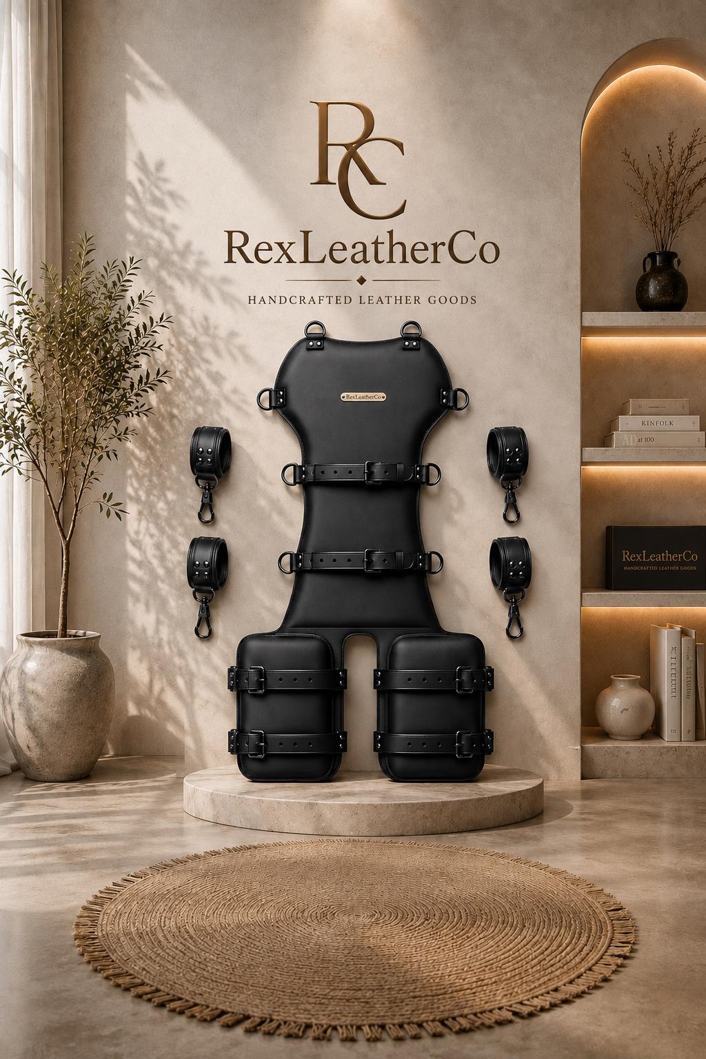 Handmade Black Leather Restraint Board with Adjustable Straps and Cuffs, Custom Leather Furniture, RexLeatherCo