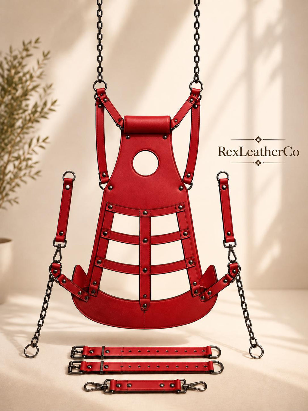 Red Genuine Leather Padded Suspension Seat, Adjustable Sling Harness