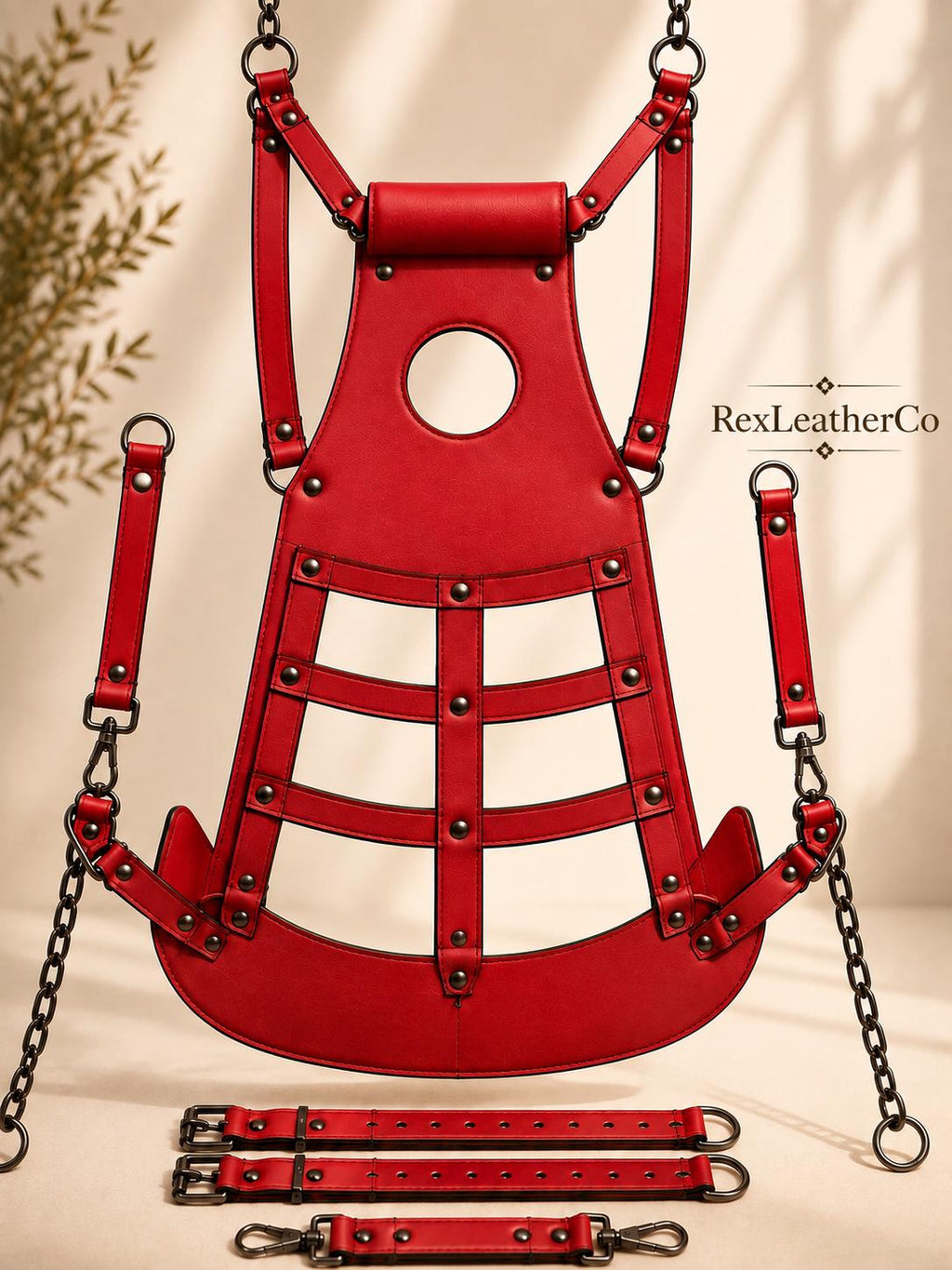 Red Genuine Leather Padded Suspension Seat, Adjustable Sling Harness