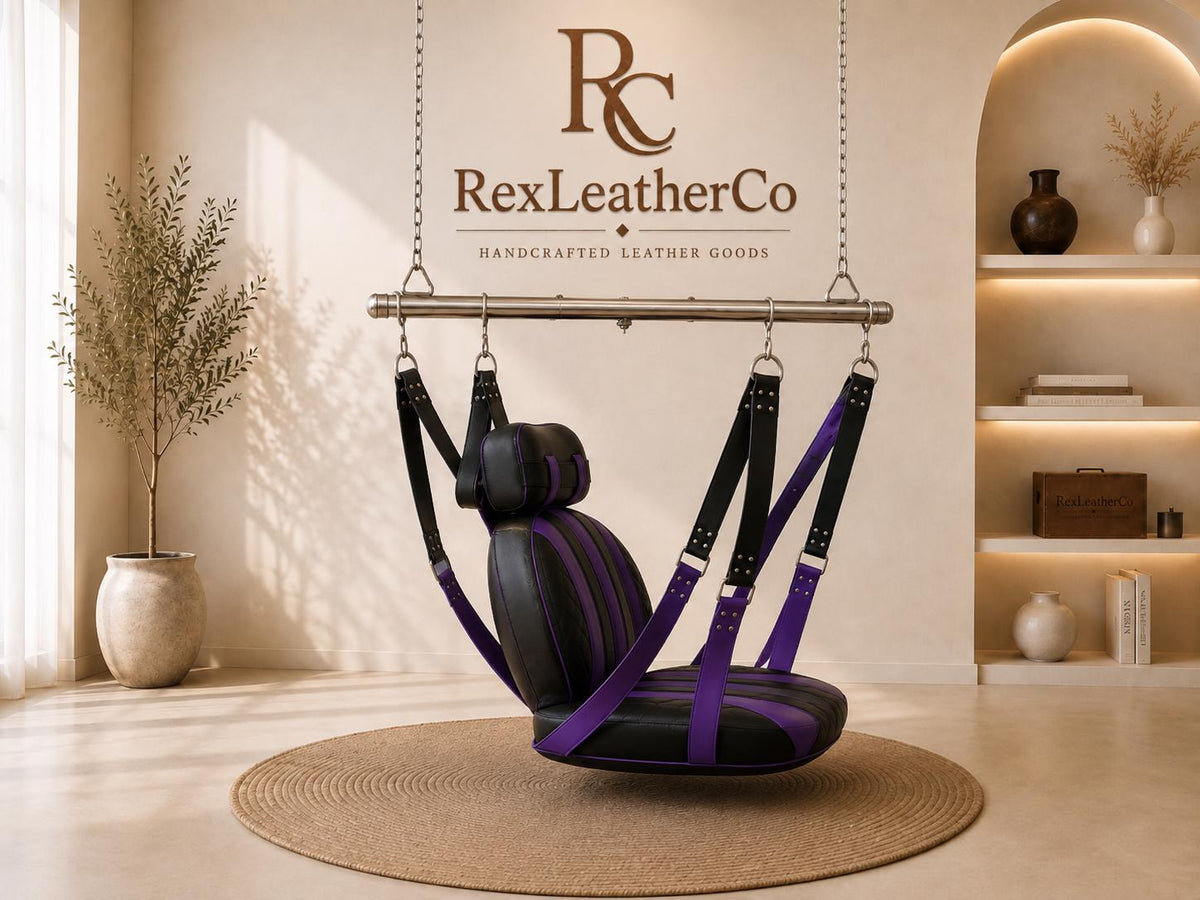 Handcrafted Genuine Leather Swing Chair, Black Purple Padded Seat, Custom Suspension (Customizable)