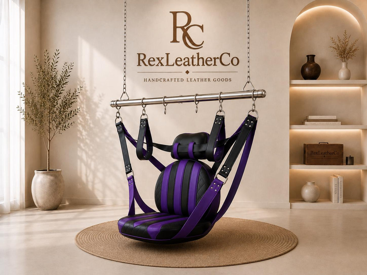 Handcrafted Genuine Leather Swing Chair, Black Purple Padded Seat, Custom Suspension (Customizable)