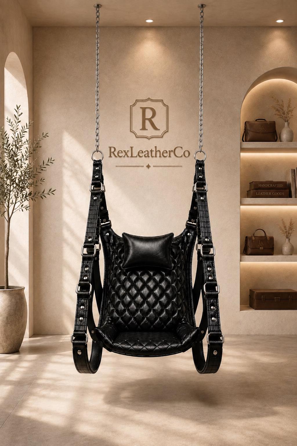 Black Quilted Leather Hanging Chair, Handmade Luxury Sling Seat