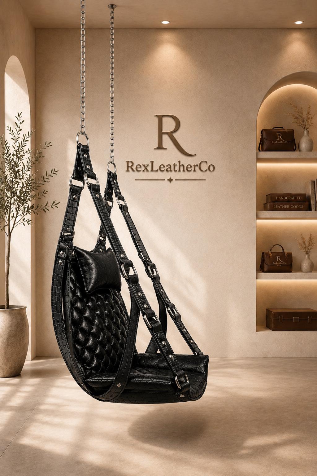 Black Quilted Leather Hanging Chair, Handmade Luxury Sling Seat