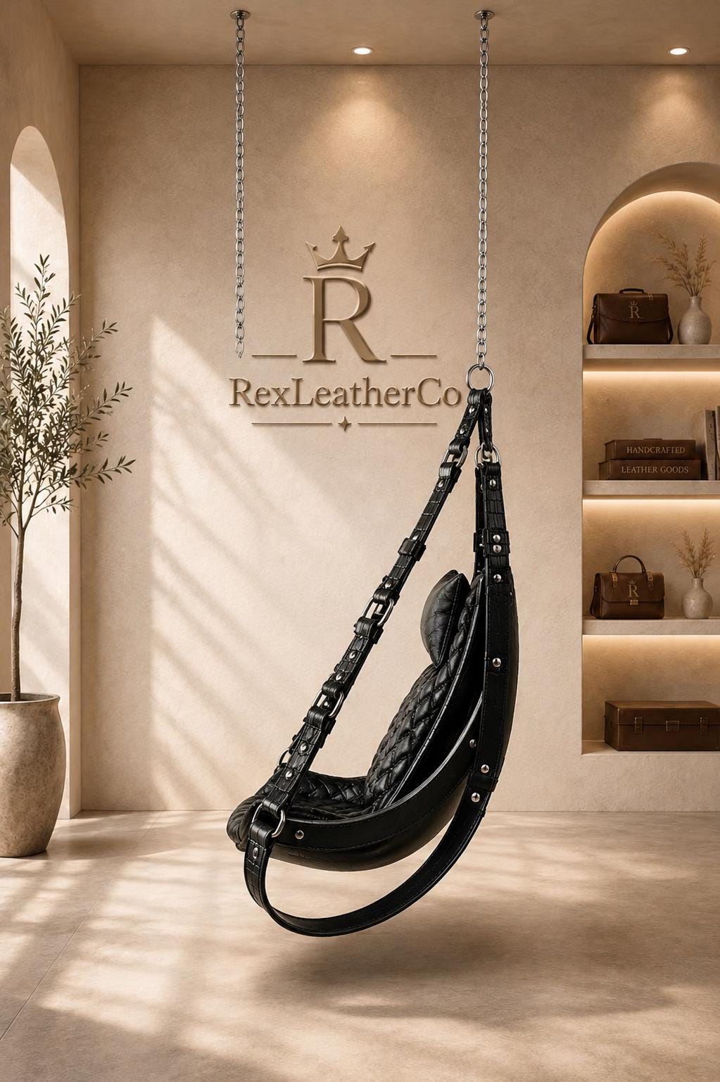 Black Quilted Leather Hanging Chair, Handmade Luxury Sling Seat