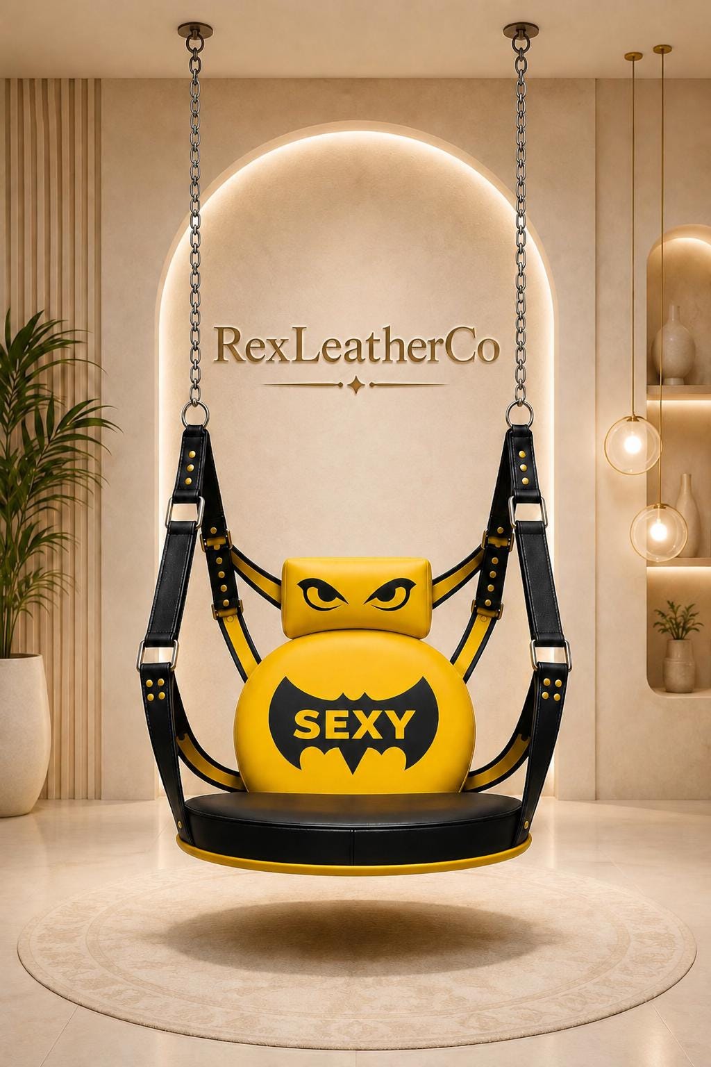 Handmade Black Leather Swing Seat with Red Stitching, Adjustable Straps and Metal Hardware