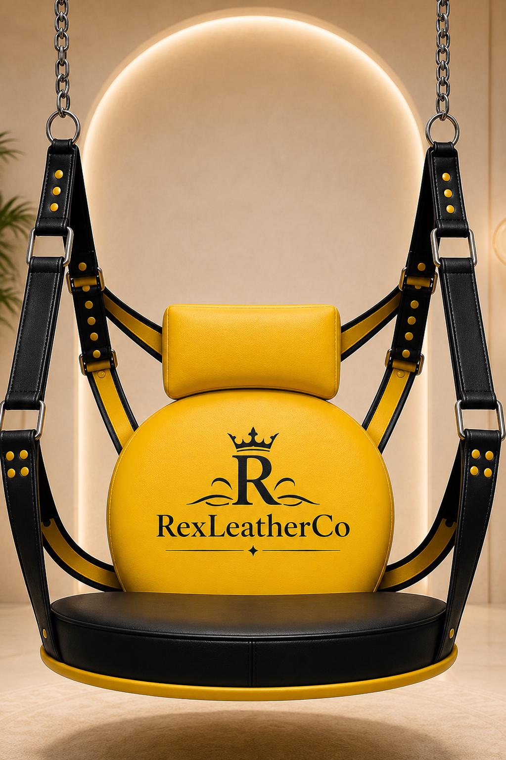 Handmade Black Leather Swing Seat with Red Stitching, Adjustable Straps and Metal Hardware
