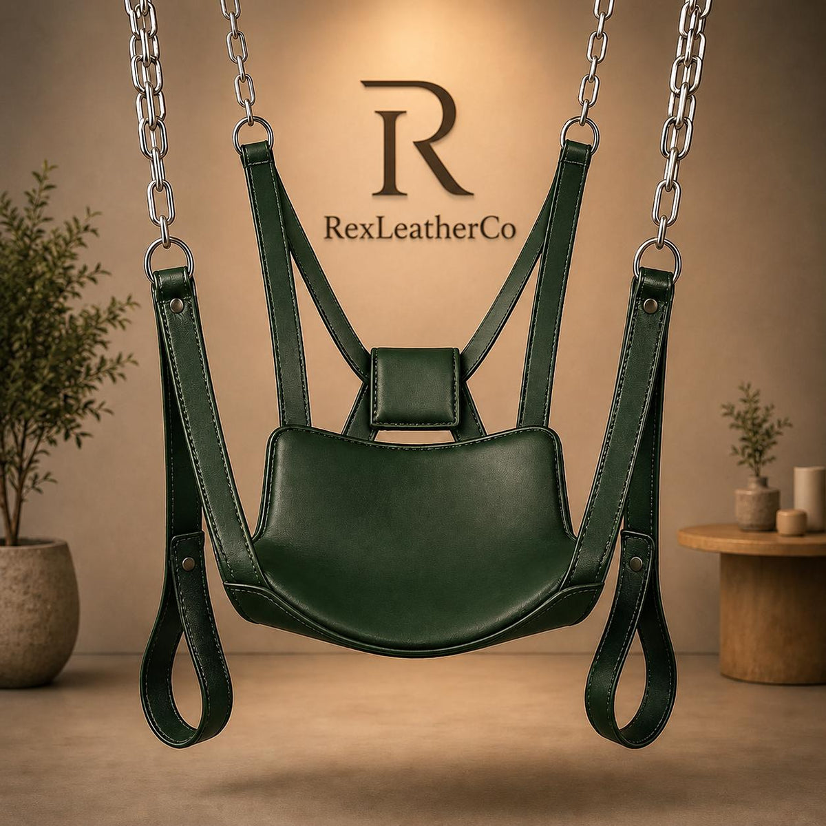Handmade Dark Green Genuine Leather Swing Chair, Padded Seat, Adjustable Straps