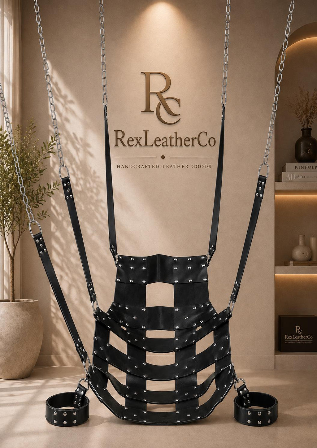 Black Leather Hanging Swing, Handmade Suspension Seat, Adjustable Straps, Custom Furniture, Interior Decor