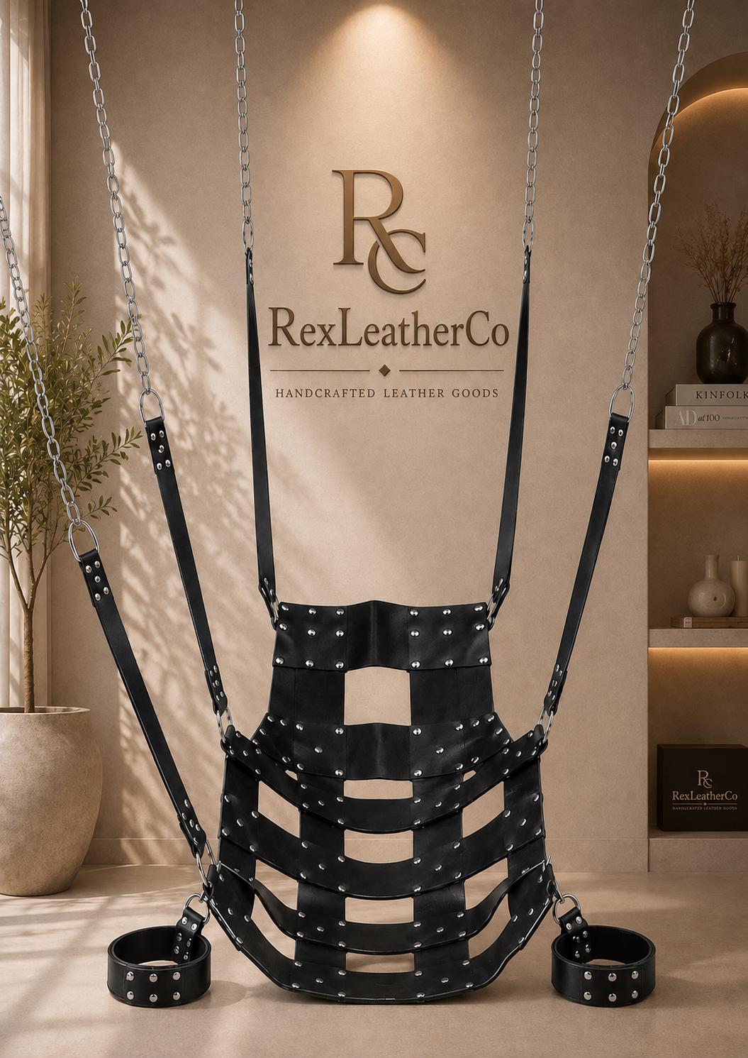 Black Leather Hanging Swing, Handmade Suspension Seat, Adjustable Straps, Custom Furniture, Interior Decor