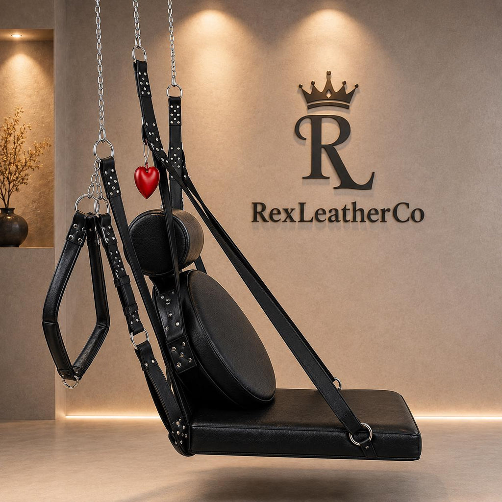Handmade Black Leather Hanging Swing Chair, Padded Seat, Headrest, Adjustable Straps