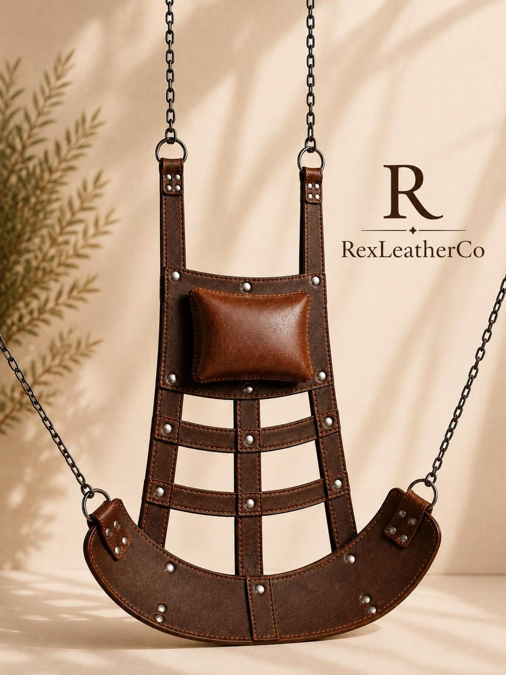 Handmade Brown Leather Hanging Swing Chair, Rustic Suspension Seat, Indoor Outdoor Furniture
