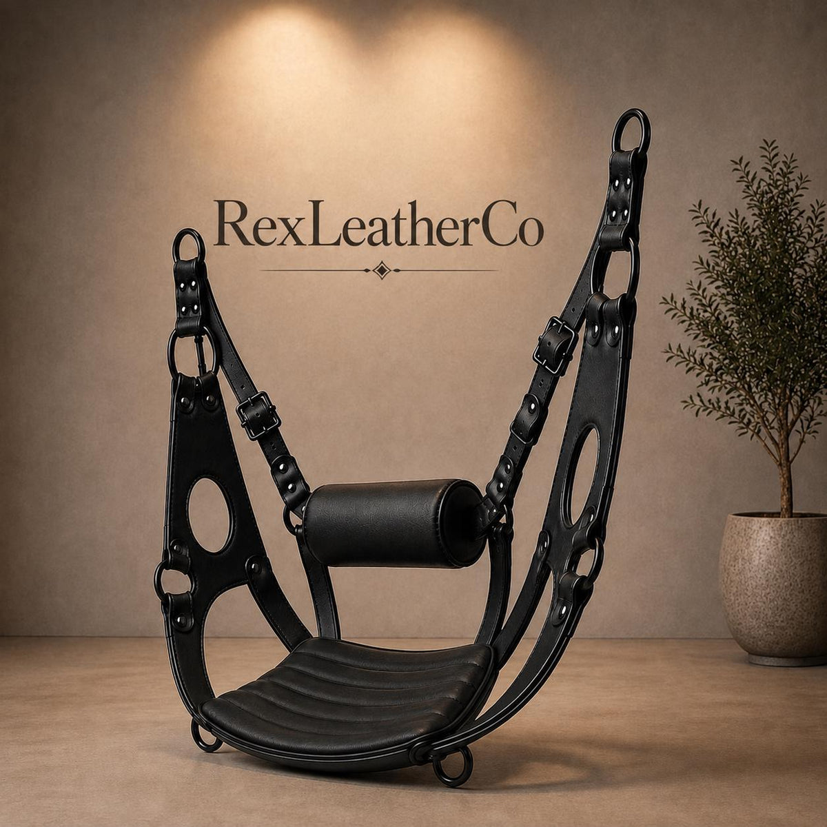 Handmade Black Leather Hanging Sling Chair, Adjustable Suspension Seat, Padded Leather Swing