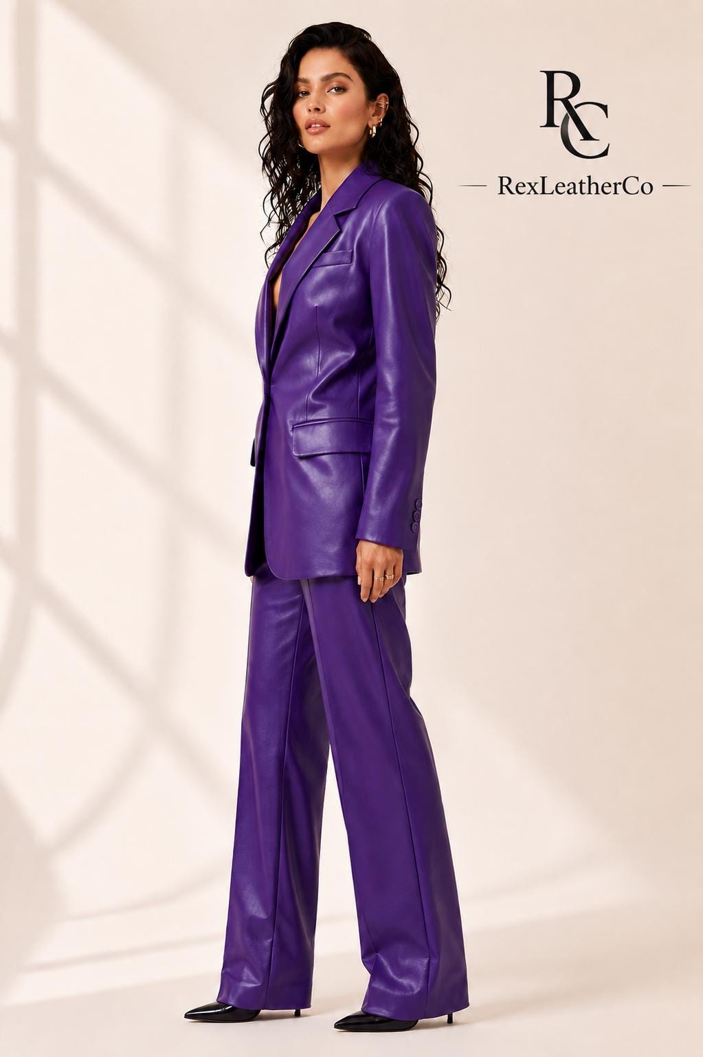 Purple Genuine Leather Women's Suit, Tailored Blazer and Trousers Set