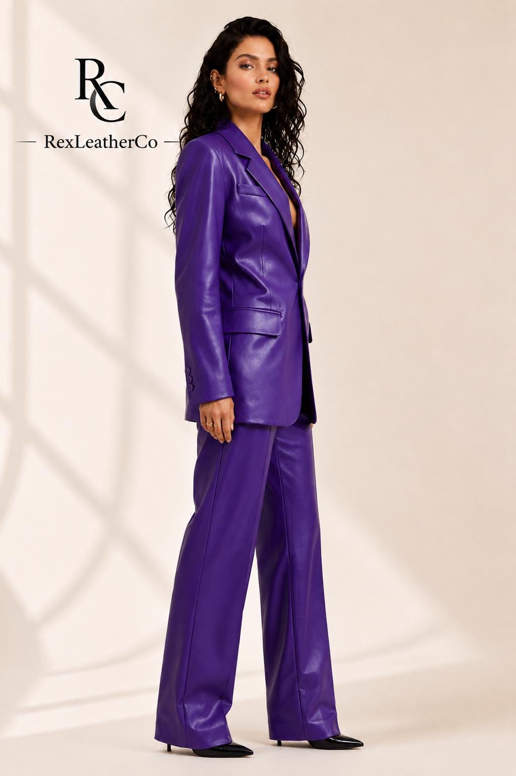 Purple Genuine Leather Women's Suit, Tailored Blazer and Trousers Set