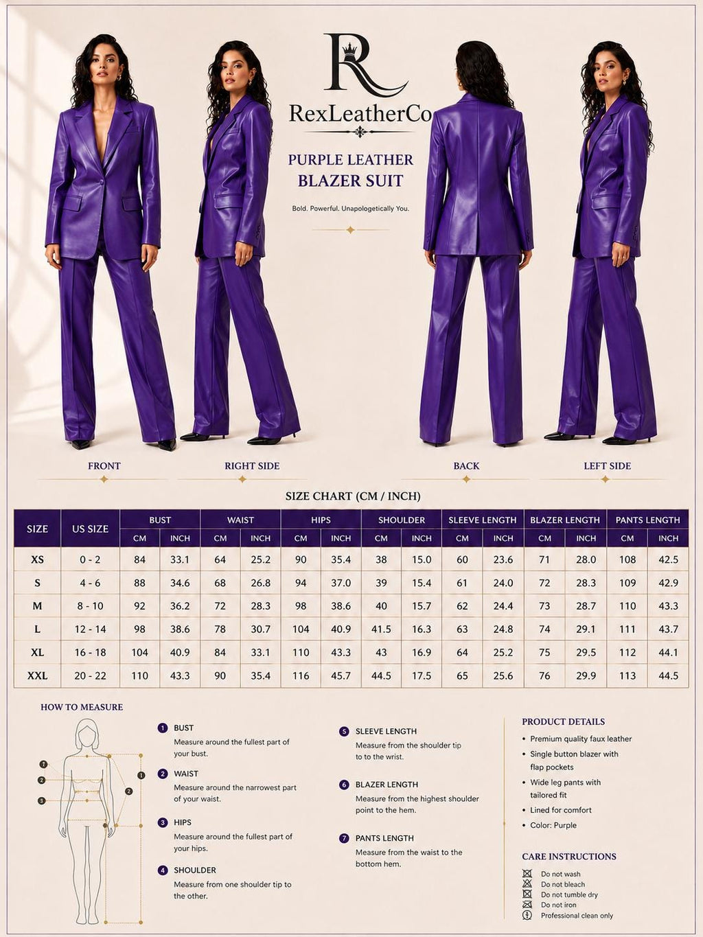 Purple Genuine Leather Women's Suit, Tailored Blazer and Trousers Set