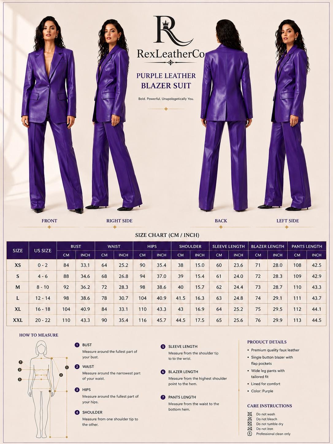 Purple Genuine Leather Women's Suit, Tailored Blazer and Trousers Set