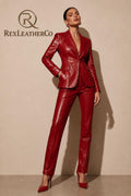 Red Genuine Leather Blazer and Trousers Set, Tailored Women's Outfit