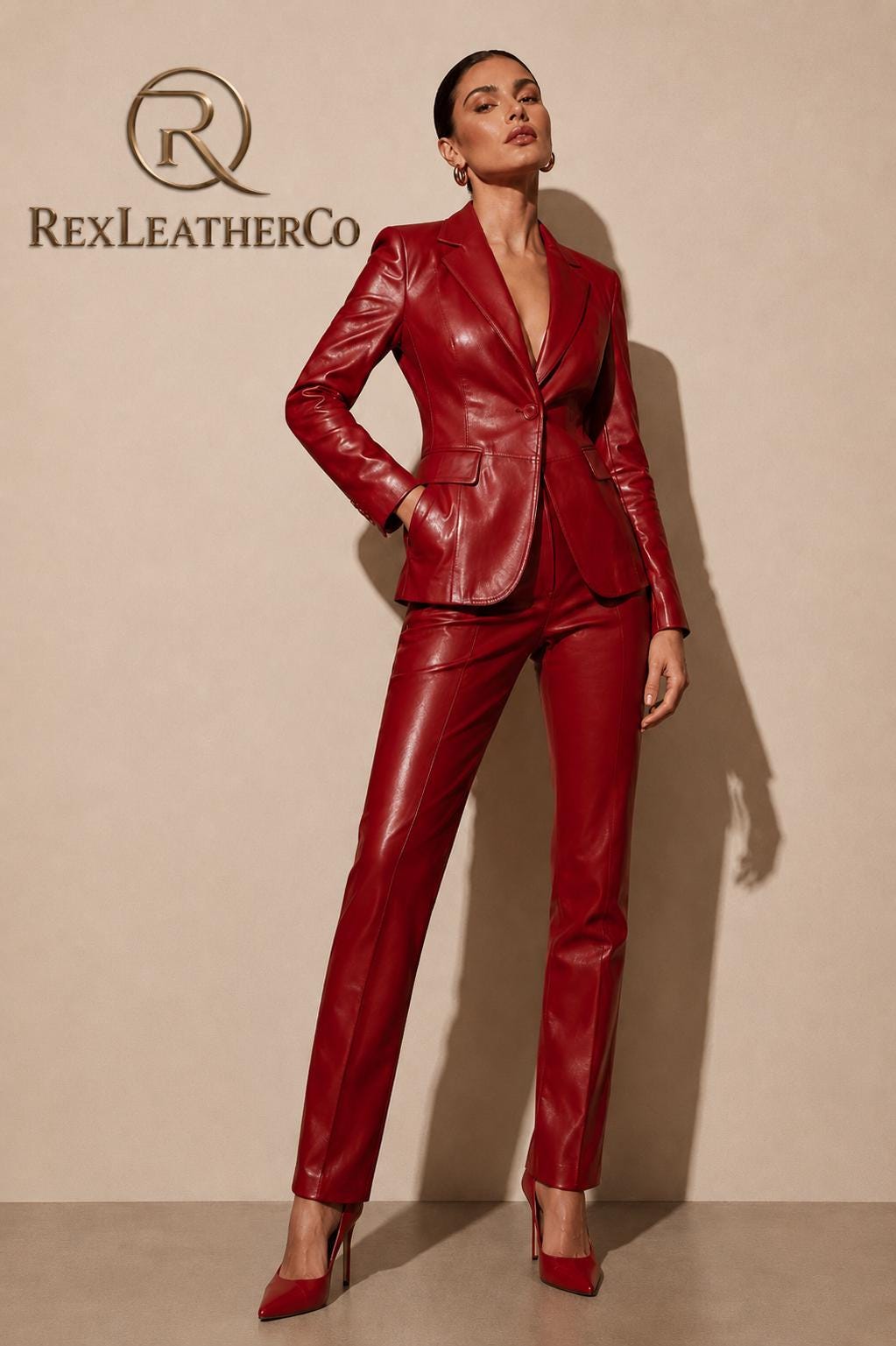 Red Genuine Leather Blazer and Trousers Set, Tailored Women's Outfit