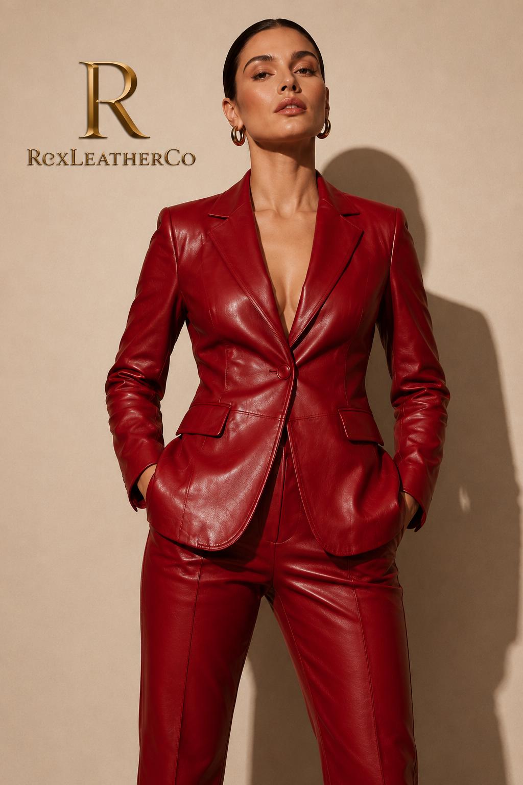 Red Genuine Leather Blazer and Trousers Set, Tailored Women's Outfit