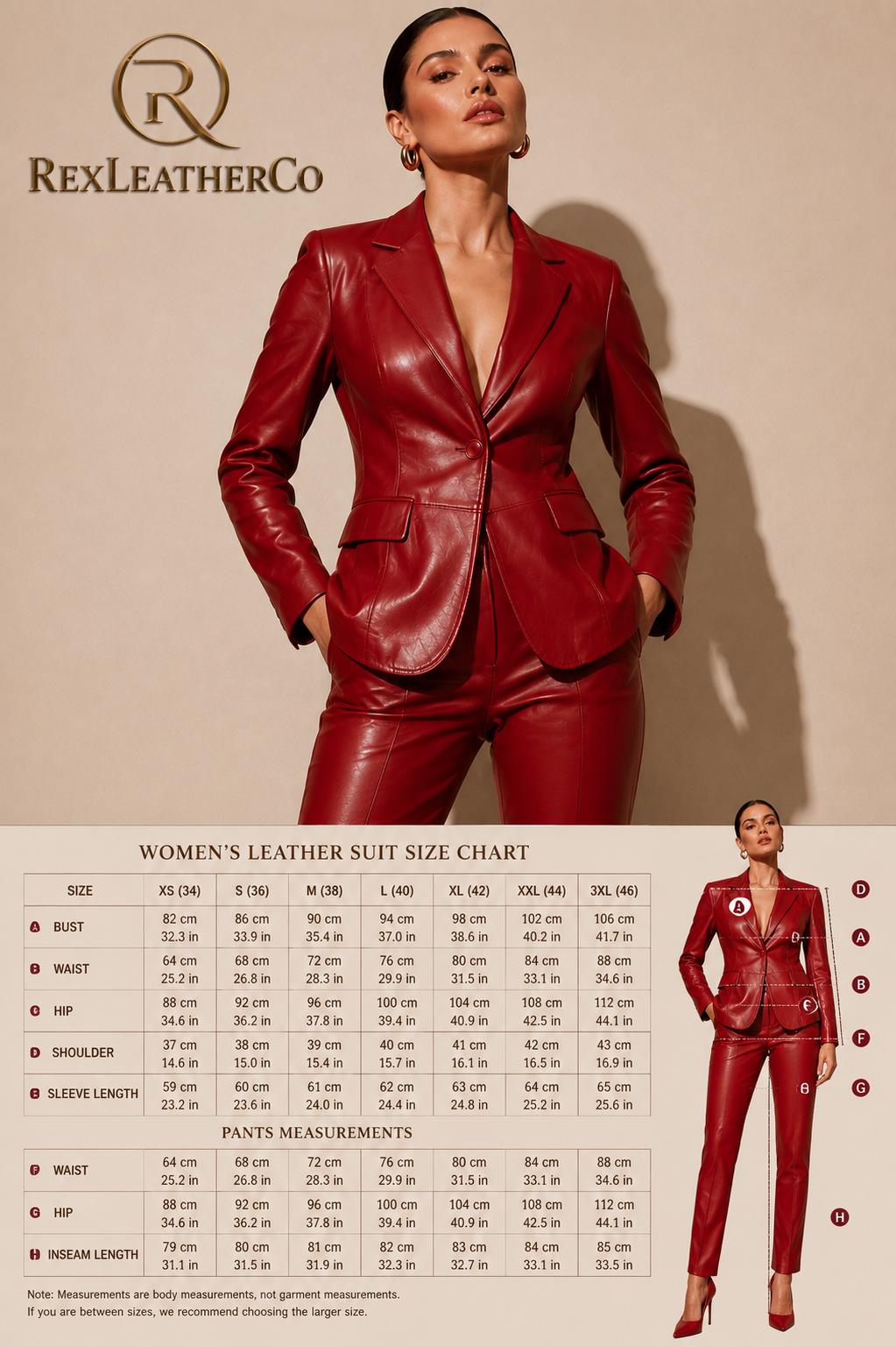 Red Genuine Leather Blazer and Trousers Set, Tailored Women's Outfit