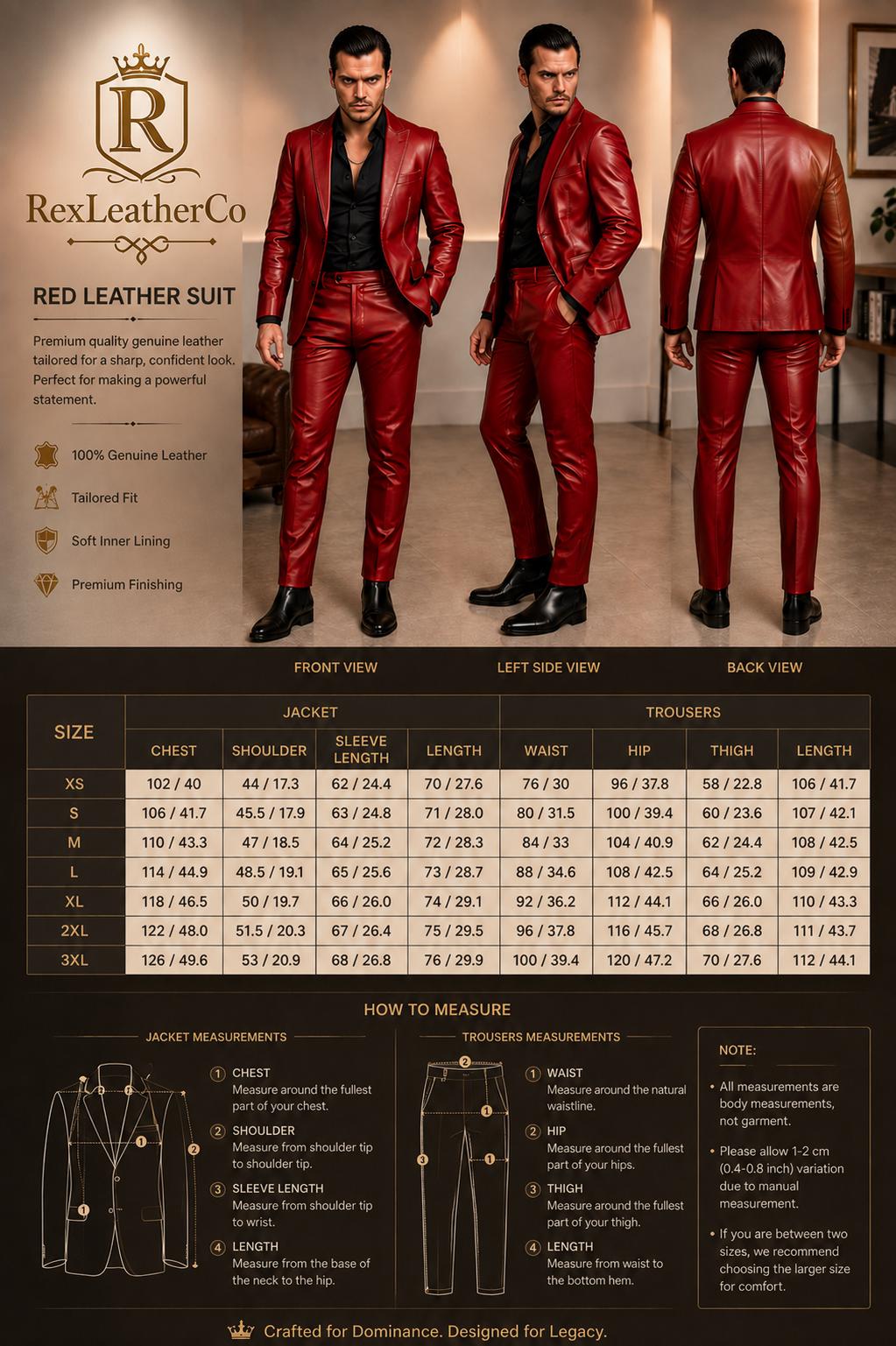 Men's Red Genuine Leather Suit, Slim-Fit Blazer and Pants Set, Handmade Outfit