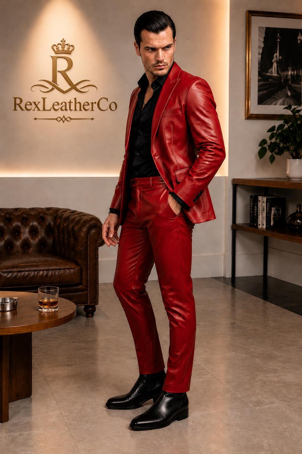 Men's Red Genuine Leather Suit, Slim-Fit Blazer and Pants Set, Handmade Outfit