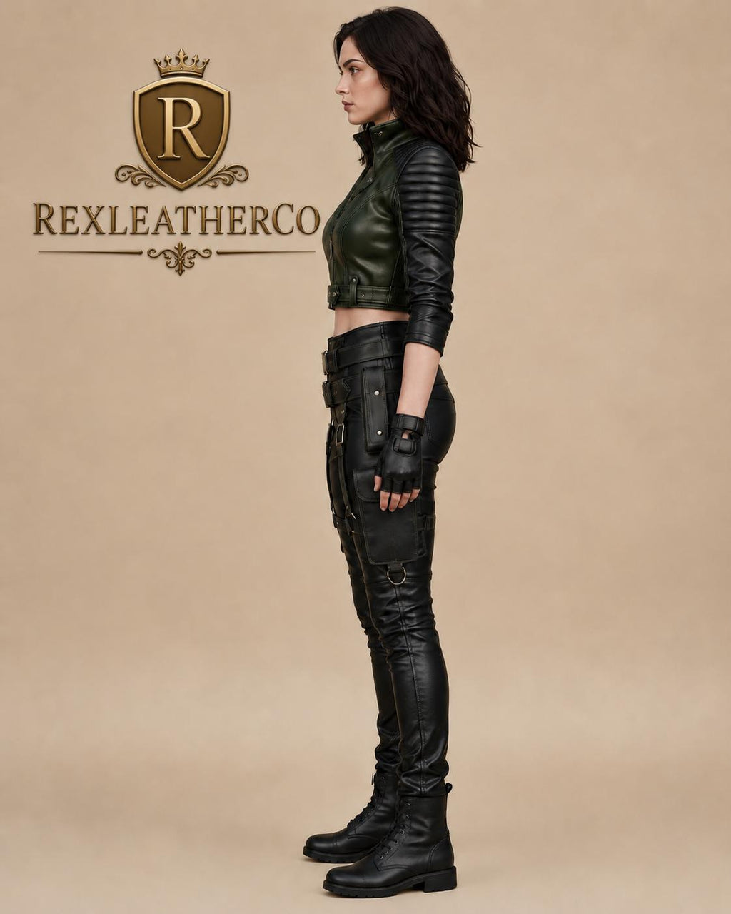 Green Black Leather Tactical Biker Jacket and Utility Pants Set, Handmade Costume