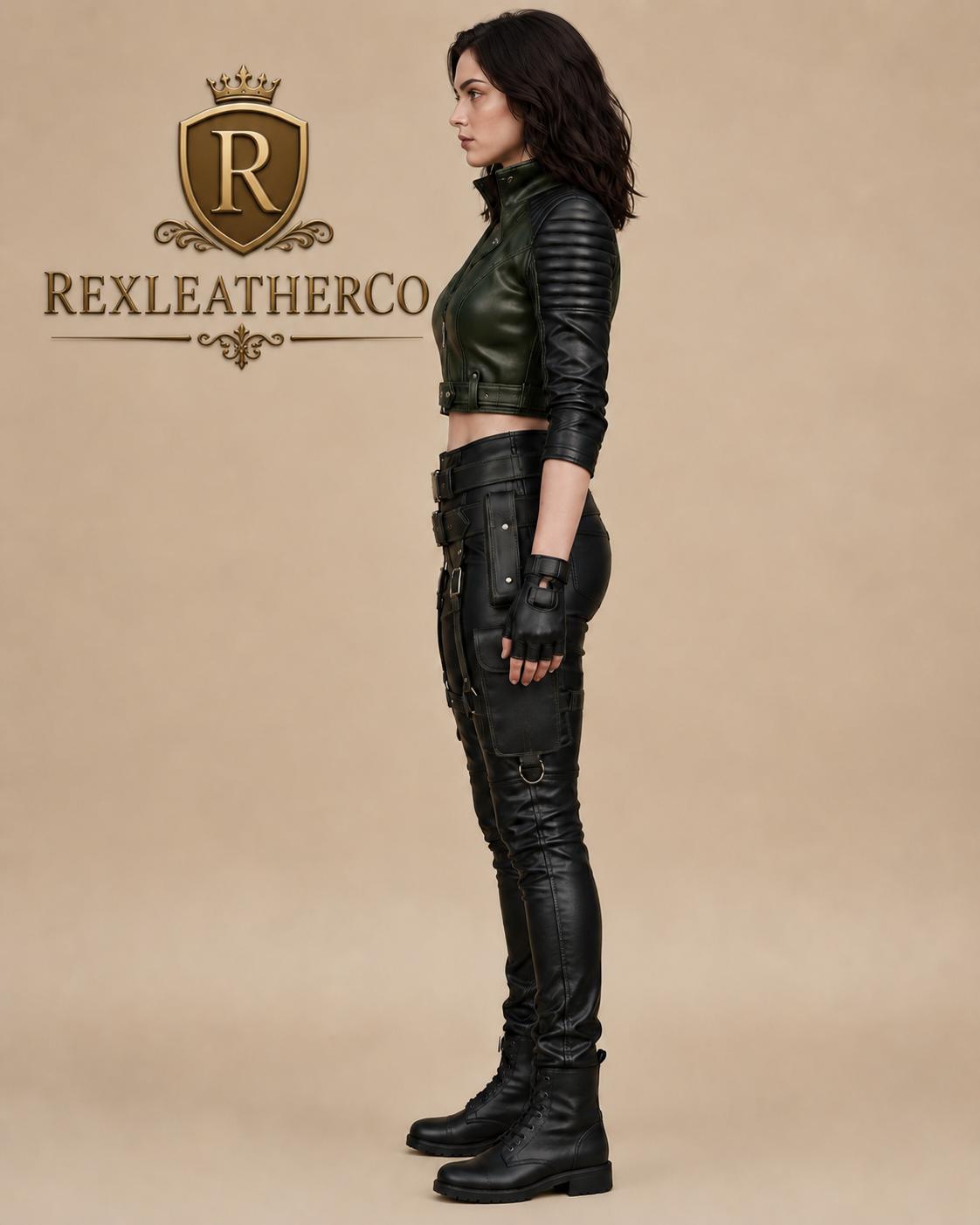 Green Black Leather Tactical Biker Jacket and Utility Pants Set, Handmade Costume