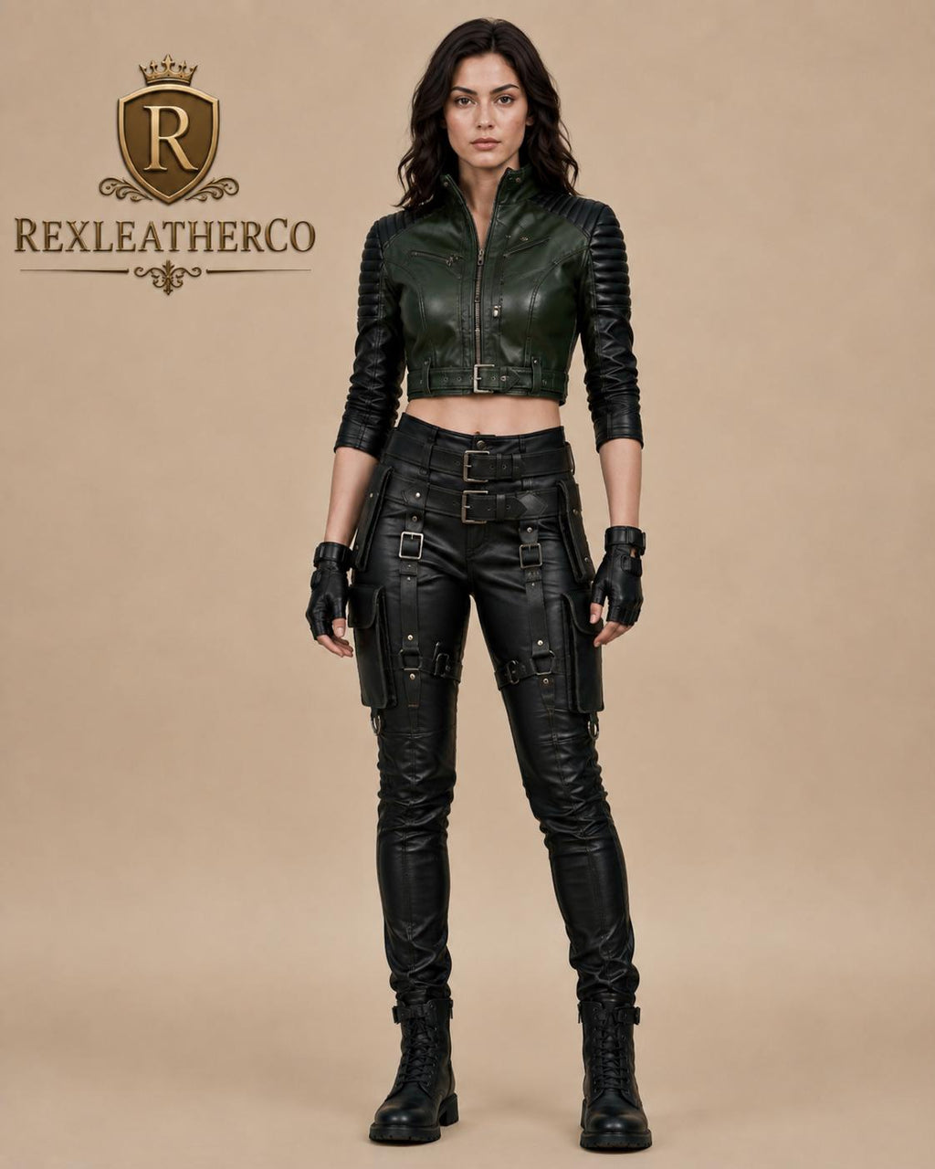 Green Black Leather Tactical Biker Jacket and Utility Pants Set, Handmade Costume