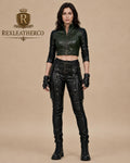 Green Black Leather Tactical Biker Jacket and Utility Pants Set, Handmade Costume
