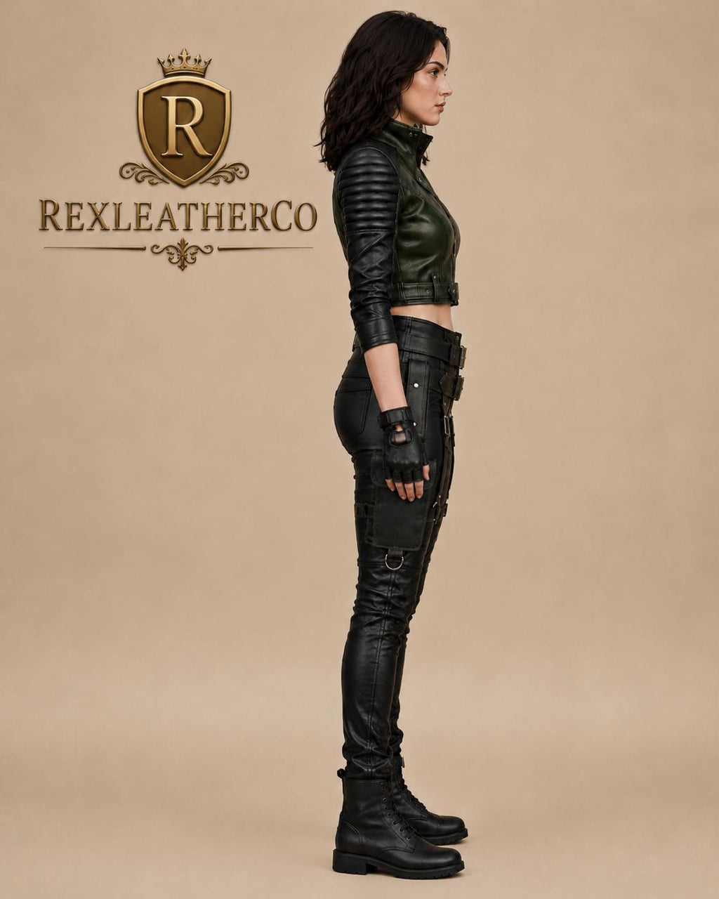 Green Black Leather Tactical Biker Jacket and Utility Pants Set, Handmade Costume