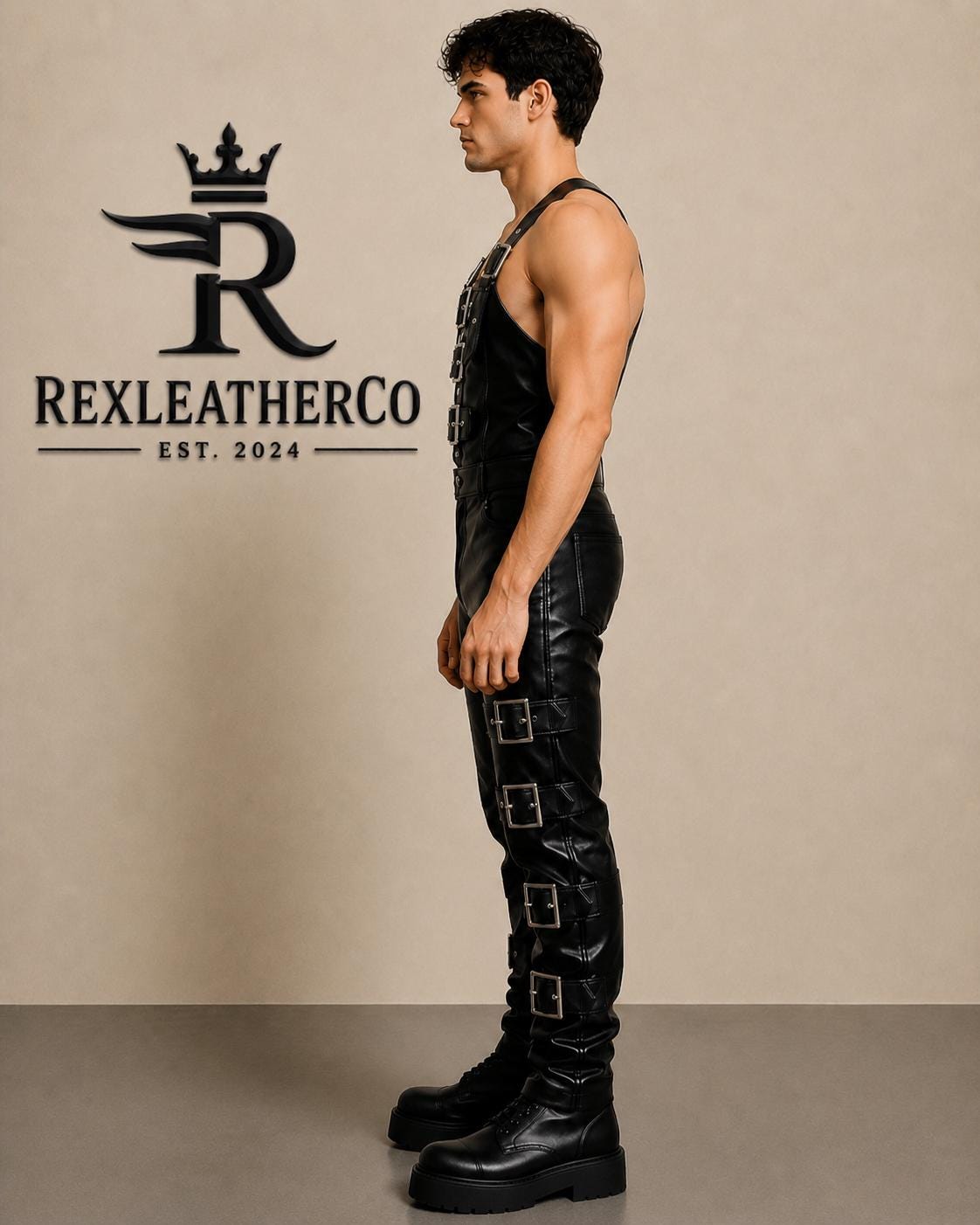 Men's Black Genuine Leather Jumpsuit, Buckle Strap Biker Outfit, Gothic Costume