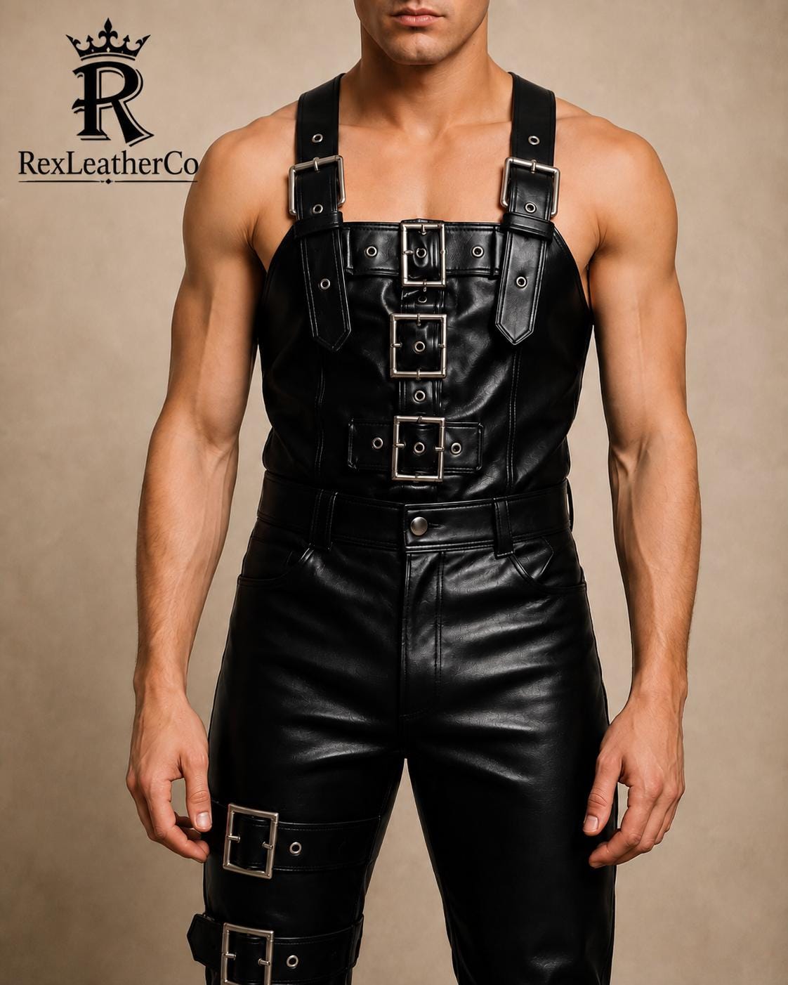 Men's Black Genuine Leather Jumpsuit, Buckle Strap Biker Outfit, Gothic Costume