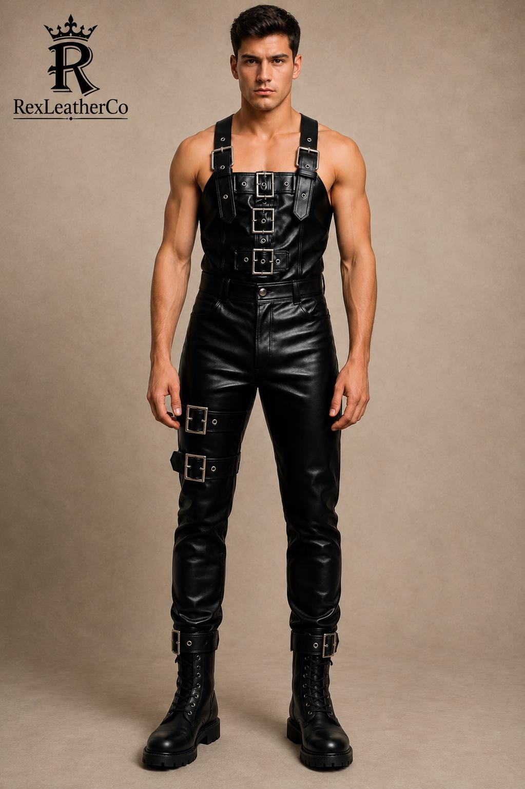 Men's Black Genuine Leather Jumpsuit, Buckle Strap Biker Outfit, Gothic Costume