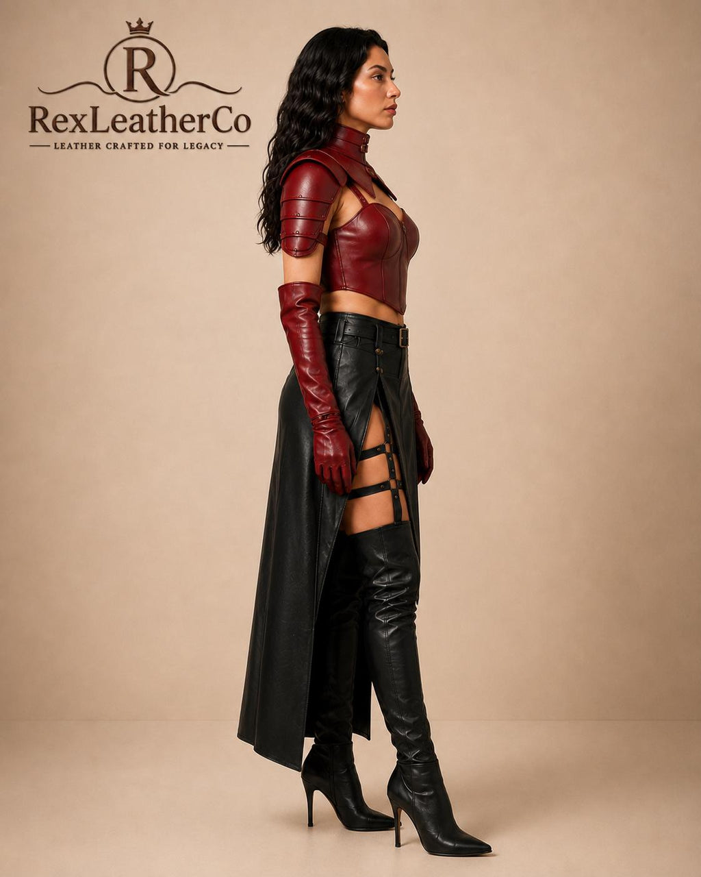 Red Leather Corset Top and Shoulder Armor, Gothic Fantasy Cosplay Outfit