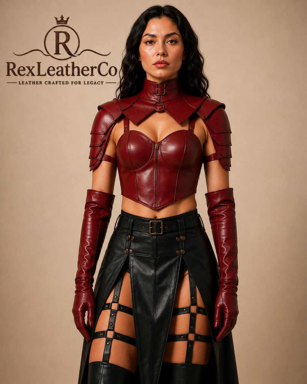 Red Leather Corset Top and Shoulder Armor, Gothic Fantasy Cosplay Outfit