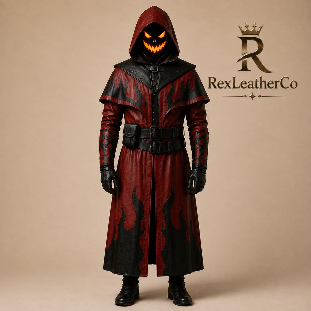 Red Black Leather Hooded Long Coat, Flame Gothic Fantasy Cosplay Costume