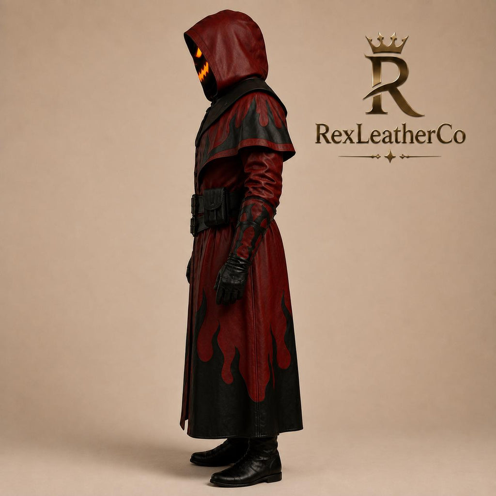 Red Black Leather Hooded Long Coat, Flame Gothic Fantasy Cosplay Costume