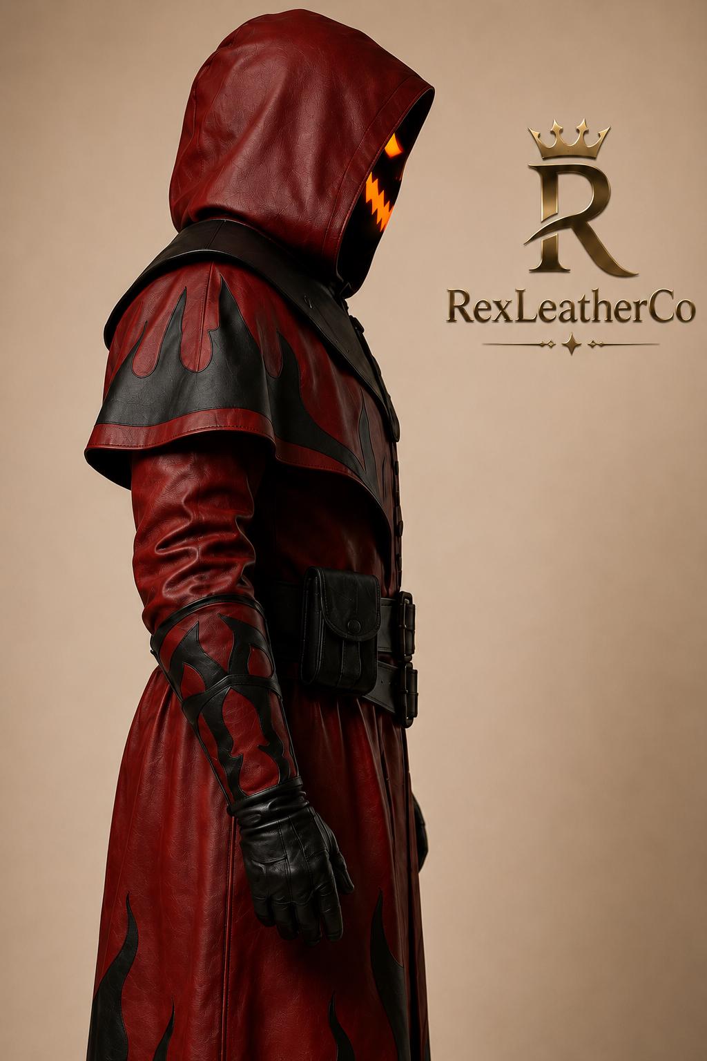 Red Black Leather Hooded Long Coat, Flame Gothic Fantasy Cosplay Costume