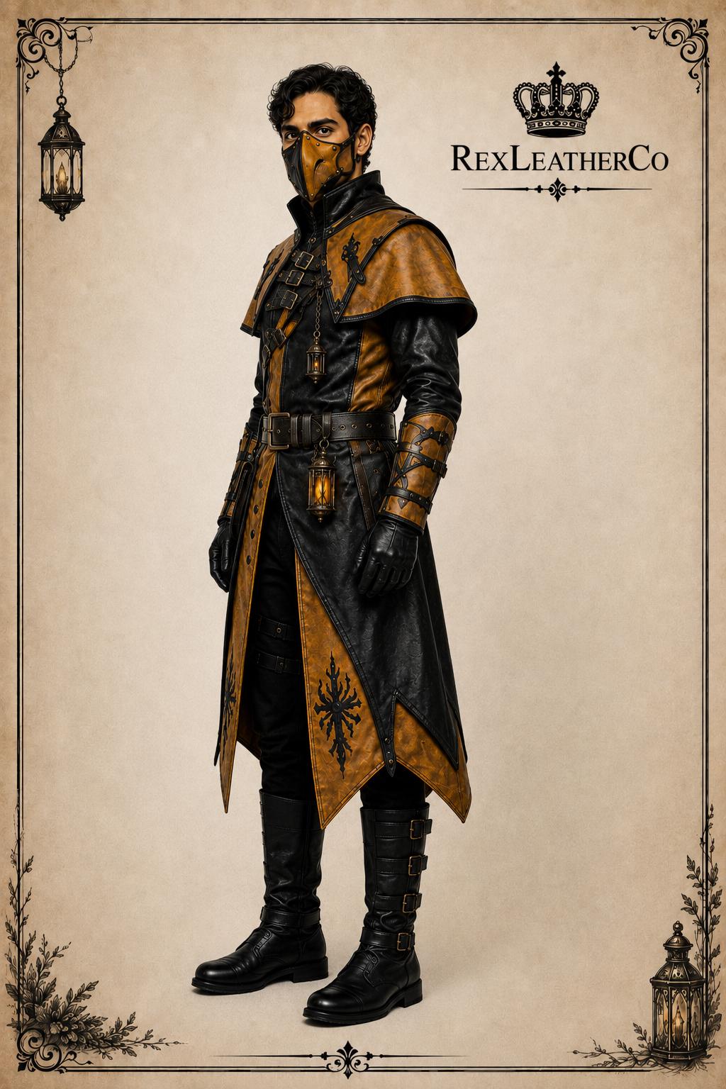 Men's Black Gold Leather Steampunk Costume, Victorian Gothic Long Coat, Cosplay Armor