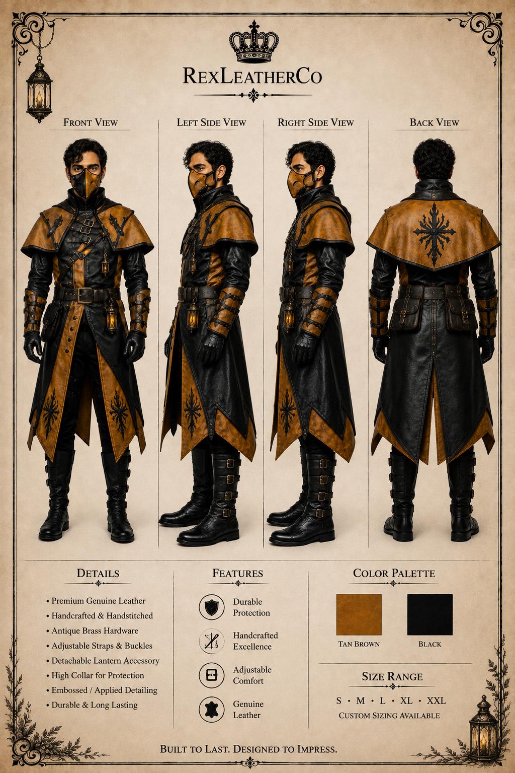 Men's Black Gold Leather Steampunk Costume, Victorian Gothic Long Coat, Cosplay Armor