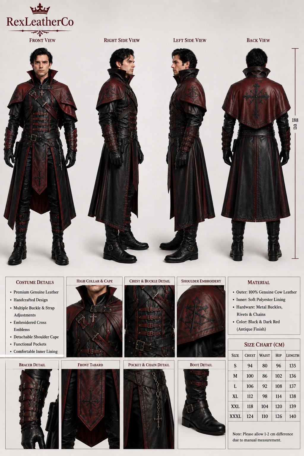 Gothic Leather Vampire Costume, Medieval Fantasy Armor, Steampunk Cosplay Outfit (Custom Sizing)