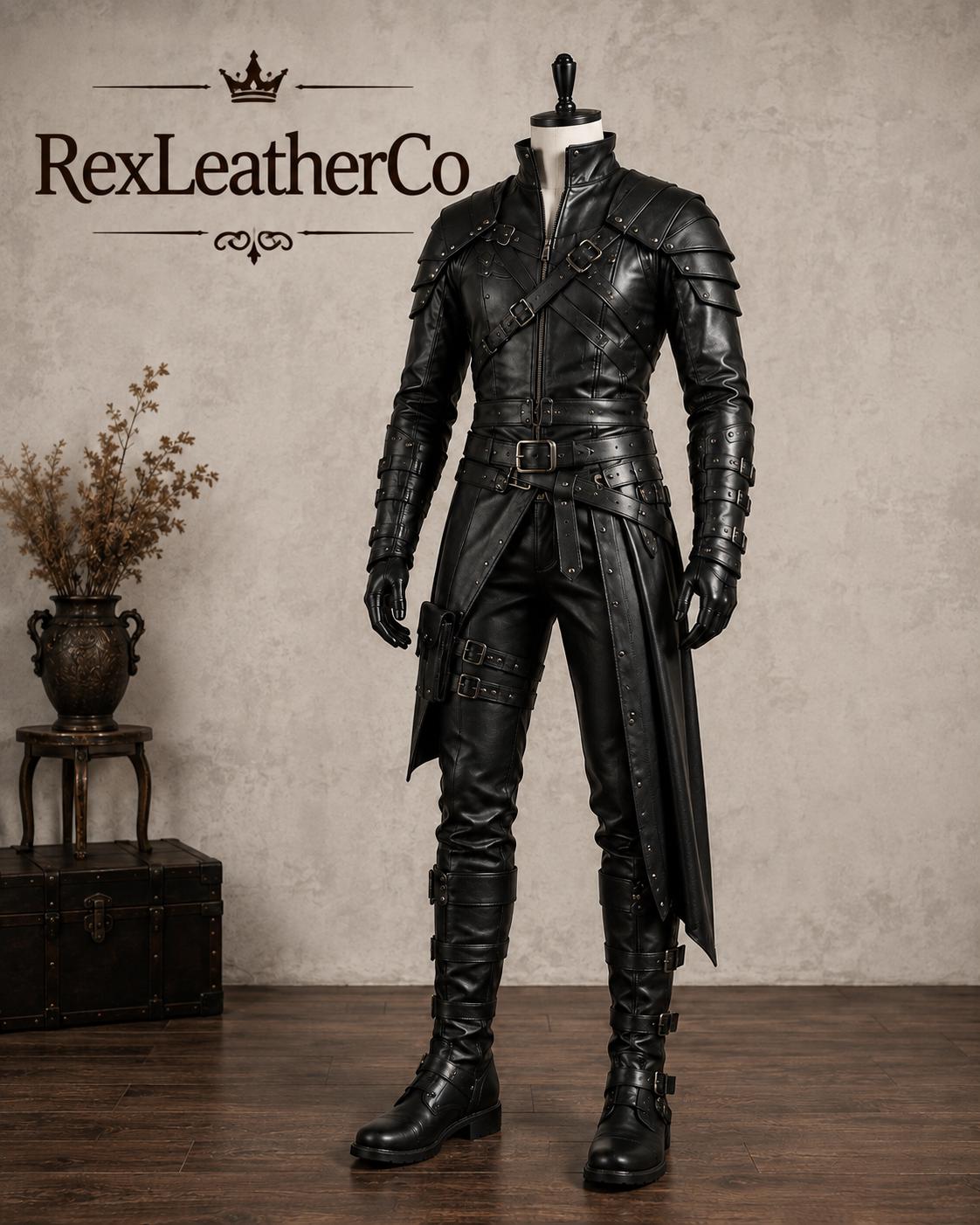 Handmade Black Leather Fantasy King Costume, Gothic Medieval Armor, Gold Detailing (Men's)