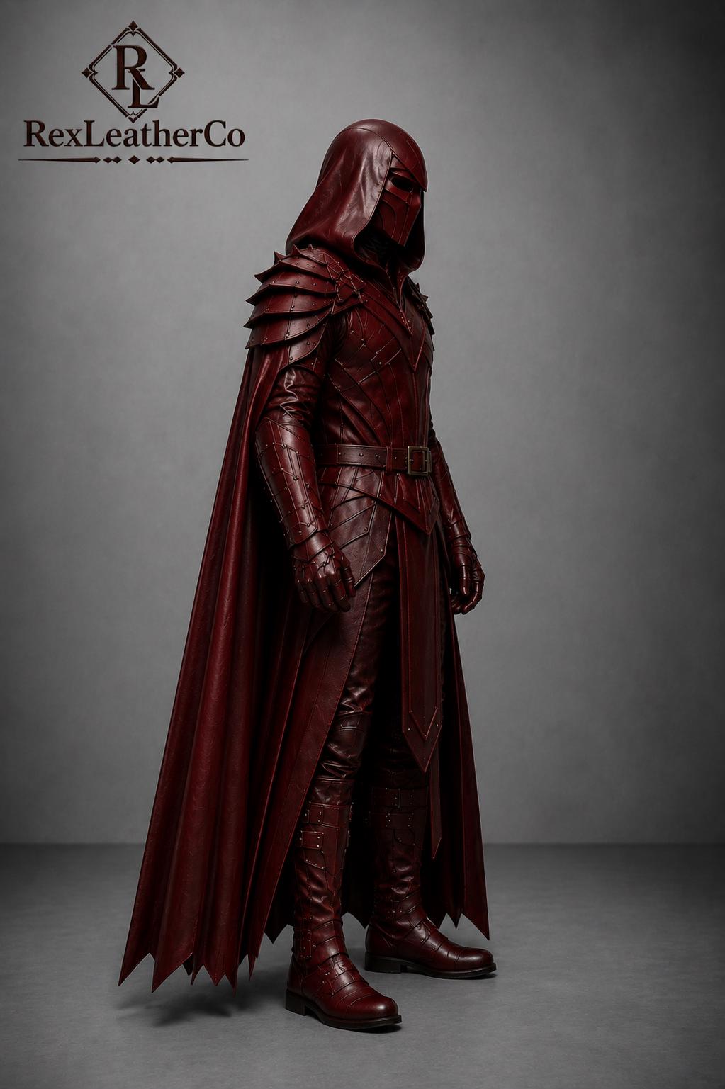 Handmade Dark Red Leather Fantasy Warrior Costume, Hooded Gothic LARP Outfit