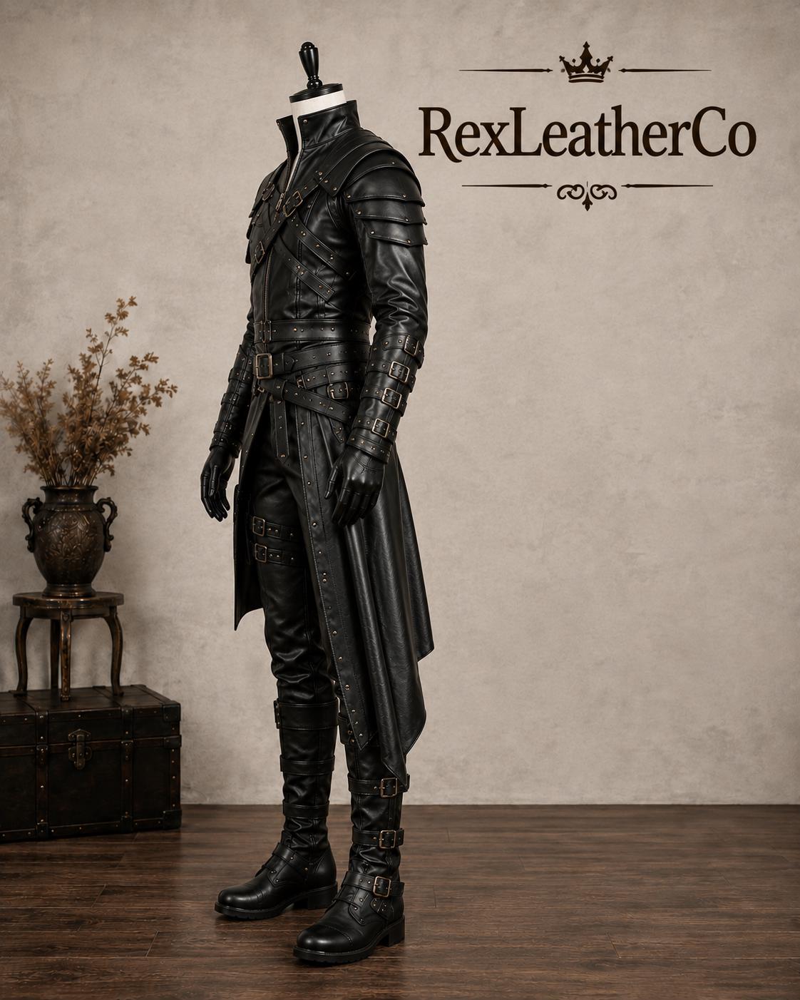 Handmade Black Leather Fantasy King Costume, Gothic Medieval Armor, Gold Detailing (Men's)