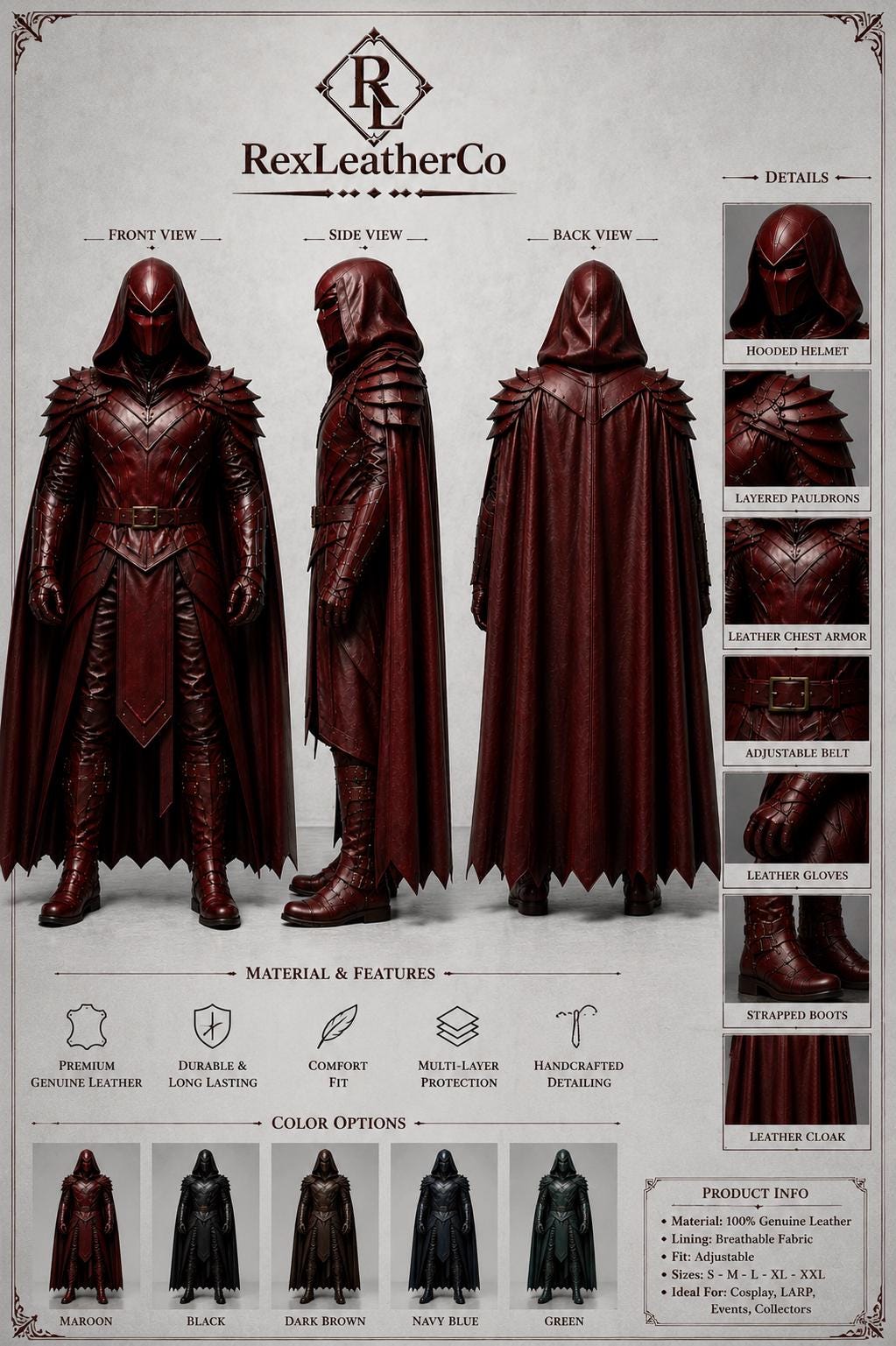 Handmade Dark Red Leather Fantasy Warrior Costume, Hooded Gothic LARP Outfit