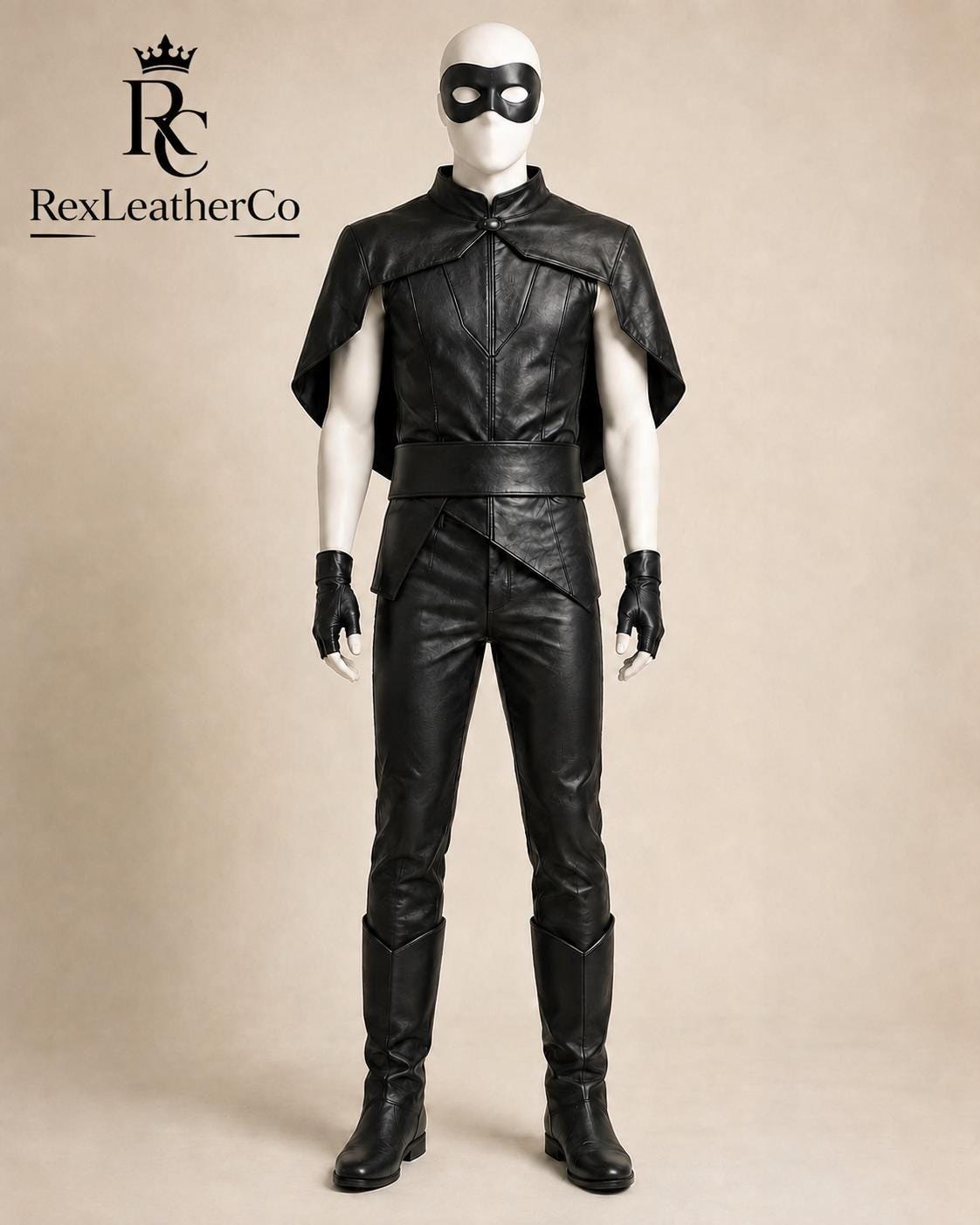 Handmade Black Leather Gothic Cosplay Costume, Cape, Mask, Gloves, Pants, Boots (Made-to-Order)