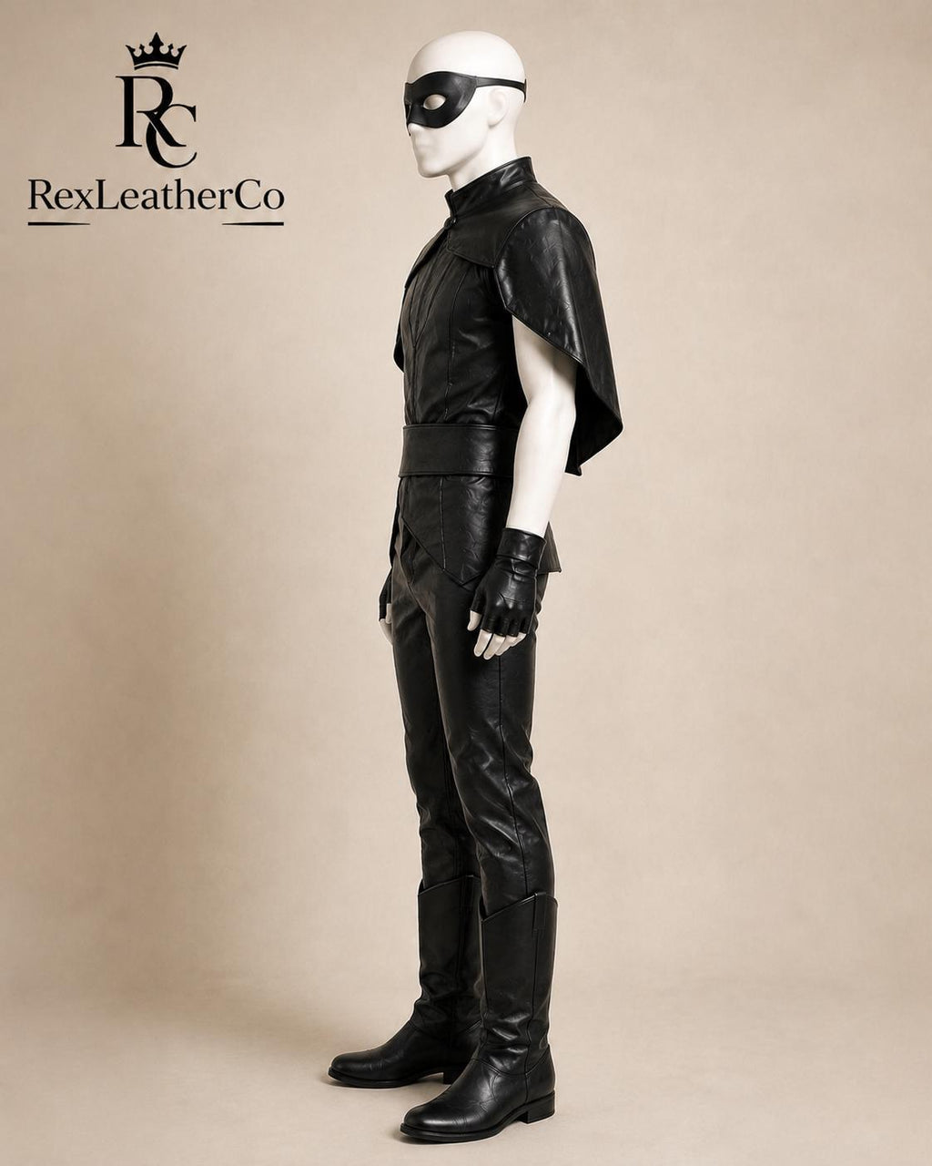 Handmade Black Leather Gothic Cosplay Costume, Cape, Mask, Gloves, Pants, Boots (Made-to-Order)